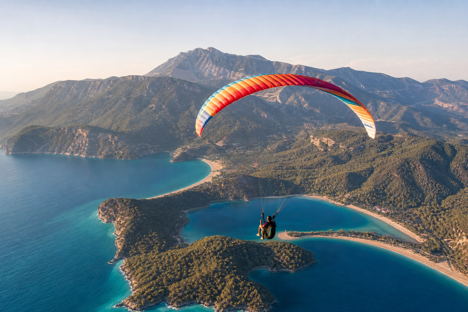 Ölüdeniz lagünü üzerinde yamaç paraşütü uçuşu
